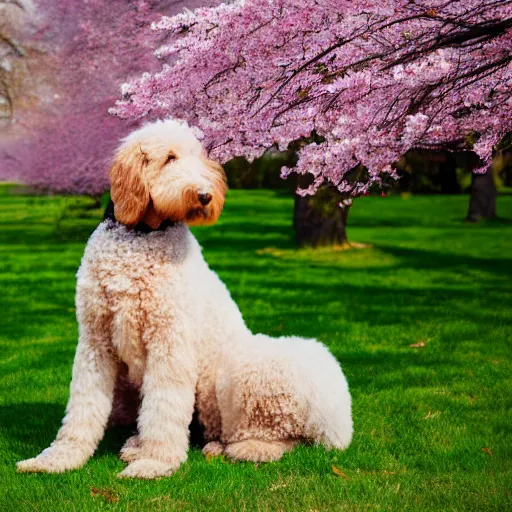 Image similar to a goldendoodle meditation below a Sakura tree, 8k, nature photography