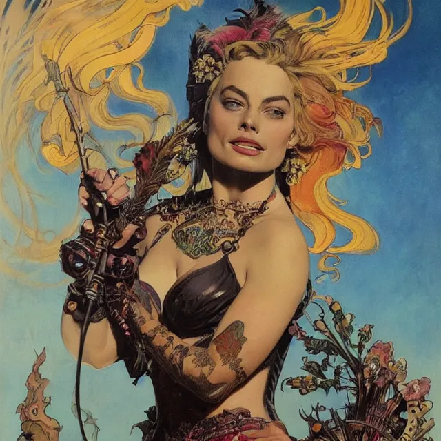 Image similar to an aesthetic!, a detailed portrait of margot robbie dressed as a leather - bound, tattooed, punk - rock princess with a flaming mohawk, by frank frazetta and alphonse mucha, oil on canvas, bright colors, art nouveau, epic composition, dungeons & dragons, fantasy art, concept art, god rays, ray tracing, crisp contour lines, huhd - 8 k