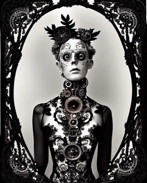 Image similar to surreal black and white tintype photo portrait of complex bio-mechanical beautiful young female vegetal-cyborg with a Mandelbrot fractal steampunk metal fine lace face, a very long neck and a fine metal floral foliage super big lace collar by Alexander McQueen:: smoke, high fashion, haute couture, rococo, steampunk, silver filigree details, anatomical, facial muscles, cable wires, microchip, elegant, dreamy, foggy atmosphere, hyper realistic, 150 mm lens, soft rim light, octane render, unreal engine, picture was taken in 1910 by Man Ray, volumetric lighting, dramatic light,8k,