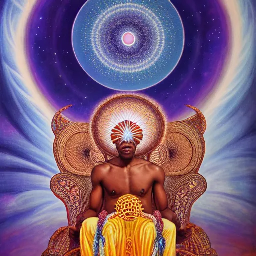 Prompt: obatala the cosmic god sitting on a throne of nebula clouds, by amanda sage and alex grey, matte painting, orisha, 8k, hd