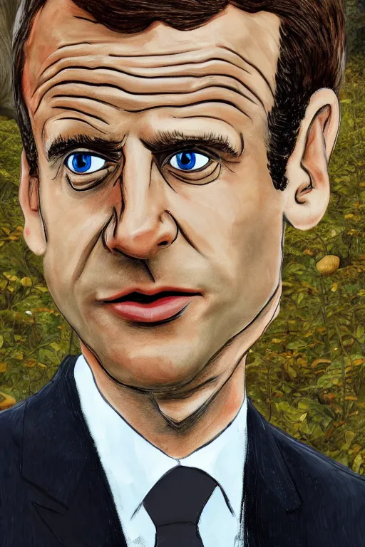 Prompt: Emmanuel Macron love so much mushroom from Mario in the wood, realistic detailed picture