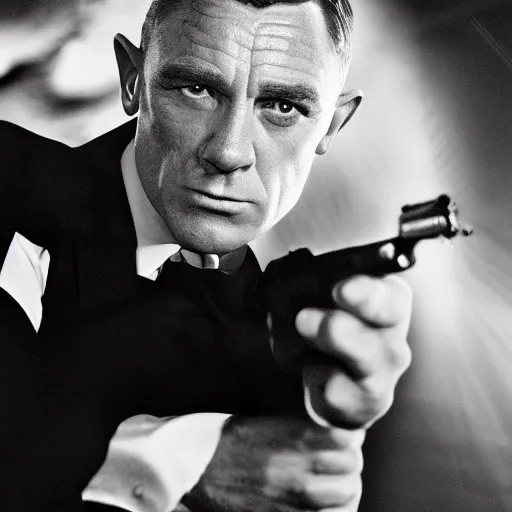 Image similar to George Cooney as James Bond, with pistol, cinematic photograph, dramatic background