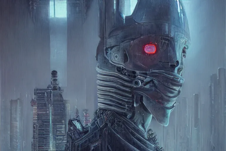 Image similar to highly detailed concept art of blade runner characters, dystopian post - apocalyptic retrofuturistic neon vibe, an ultrafine detailed painting by hans giger and wayne barlowe, trending on deviantart, pop surrealism, whimsical, lowbrow, perfect symmetrical face, sharp focus, octane, masterpiece