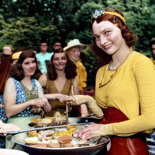 Image similar to an image of a queen with tan skin long rippling cinnamon hair and emerald colored eyes in a full shot, vintage historical fantasy 1 9 3 0 s kodachrome slide german and eastern european mix. the queen is pictured attending a barbecue for youth volunteers. she is dressed in a yellow ensemble paired with green accessories.