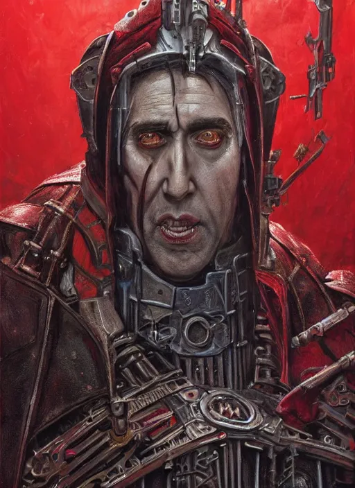 Image similar to portrait of rotten Nicolas Cage as adeptus mechanicus in red hood and robe from Warhammer 40000. Highly detailed, artstation, illustration by and John Blanche and zdislav beksinski and wayne barlowe