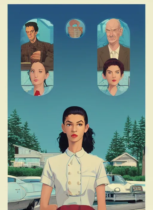 Prompt: poster artwork by Michael Whelan, Bob Larkin and Tomer Hanuka, of portrait of Zendaya wearing light blue diner waitress dress, from scene from Twin Peaks, simple illustration, domestic, nostalgic, from scene from Twin Peaks, clean, full of details, by Makoto Shinkai and thomas kinkade, Matte painting, trending on artstation and unreal engine