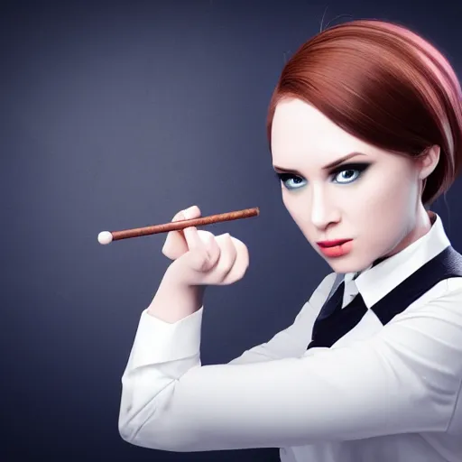 Image similar to A portrait of a female magician wearing a business suit and holding a wand, a cute 3d cgi young woman, full round face, light makeup, pale skin, medium shot, mid-shot, hyperdetailed, 8k, trending on artstation