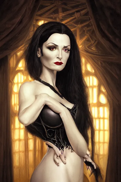 Image similar to ultra realistic illustration, deanna troi as morticia addams from baldurs gate and diablo, intricate, elegant, highly detailed, digital painting, artstation, concept art, smooth, sharp focus, illustration, art by artgerm and greg rutkowski and alphonse mucha