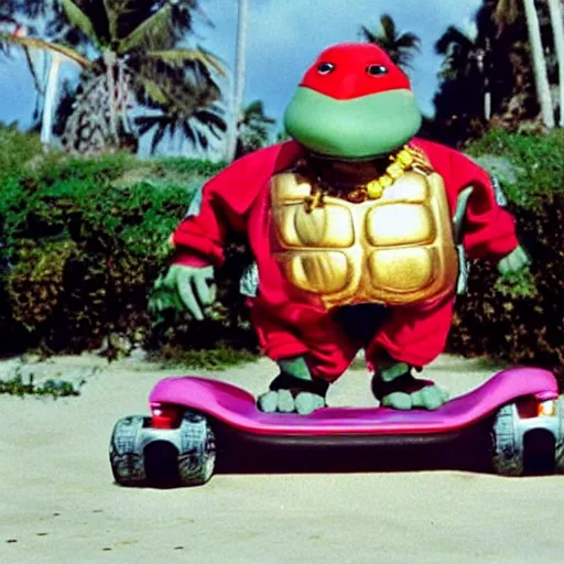 Prompt: a dodo wearing a ballcap and gold chain around its neck, on a hover board at a skate park at the beach, 1990s cartoon, teenage mutant ninja turtles