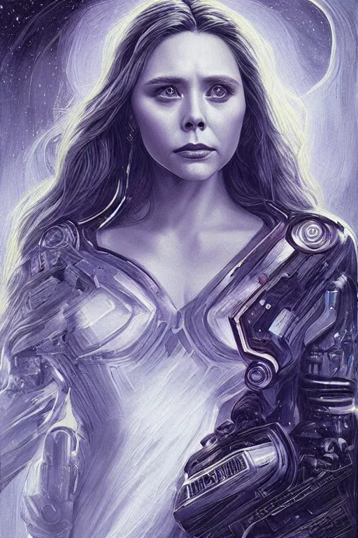 Prompt: young Elizabeth Olsen as a ruggedly beautiful retro SCI-FI space heroine 1985 , intricate, elegant, highly detailed, centered, digital painting, artstation, concept art, smooth, sharp focus, illustration, art by artgerm and donato giancola and Joseph Christian Leyendecker, Ross Tran, WLOP