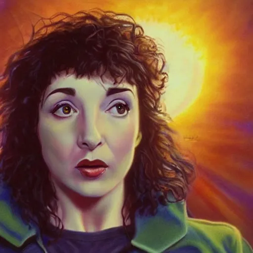 Image similar to kate bush in stranger things, exquisite airbrush painting from the eighties, intricate detail, artstation,