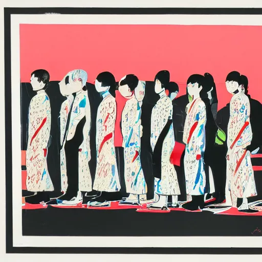 Image similar to screen printing, gouache by toshio saeki, by asger jorn dynamic. a beautiful installation art of a group of people standing in a line. they are all facing the same direction & appear to be waiting for something.