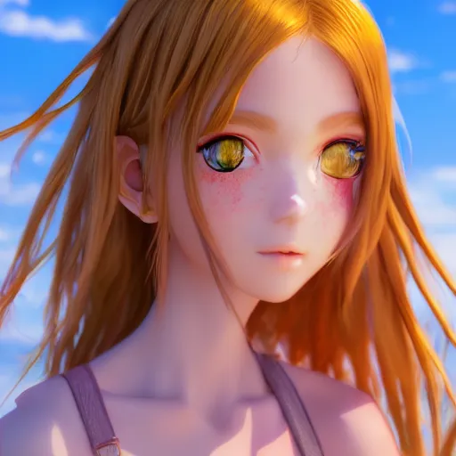 Prompt: Render of a very beautiful anime girl, long hair, hazel eyes, cute freckles, full round face, short smile, cute sundress, golden hour, serene beach setting, medium shot, mid-shot, highly detailed, trending on Artstation, Unreal Engine 4k