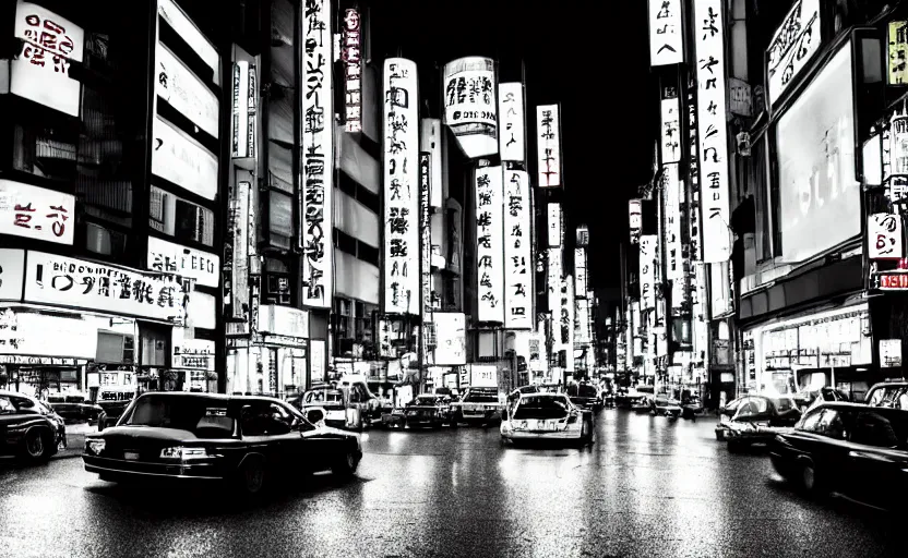 Prompt: a 3 5 mm night shot of a tokyo avenue lined with neon signs taxi driver inspired lighting reflections in the windows nostalgic feeling