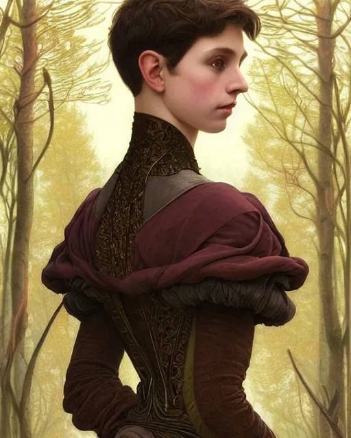 Prompt: symmetry portrait of welsh brunette fully clothed princess in young man's clothes, short hair, renaissance, forest background, intricate, elegant, highly detailed, digital painting, artstation, concept art, smooth, sharp focus, illustration, art by artgerm and greg rutkowski and fra angelico and alphons mucha