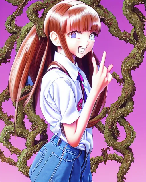 Image similar to a pretty teenage girl as a cute prep highschool student is happy and enveloped by mutant vines in her room. 3D shadowing effect, ultra ornate detail. 8k resolution. masterfully illustrated by Akira Toriyama and Mina Petrovic and Range Murata.