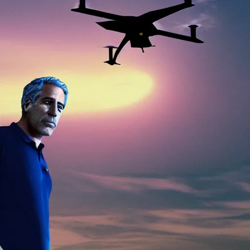 Prompt: aesthetic illustration of jeffrey epstein, wearing a dark blue polo shirt, standing by his global hawk surveillance drone on an empty runway at dusk, cinematic lighting, high detail, volumetric lights, pinterest wallpaper, trending on artstation