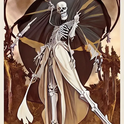 Image similar to Tall skeleton overlord, covered with royal robes, magic caster, wide shoulders, evil aura, full body shot, anime style, AINZ, 90's modern art, art by artgerm and greg rutkowski and alphonse mucha