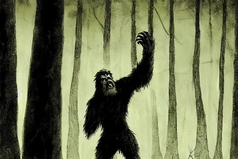 Image similar to mad bigfoot screaming in the woods artwork by ben templesmith