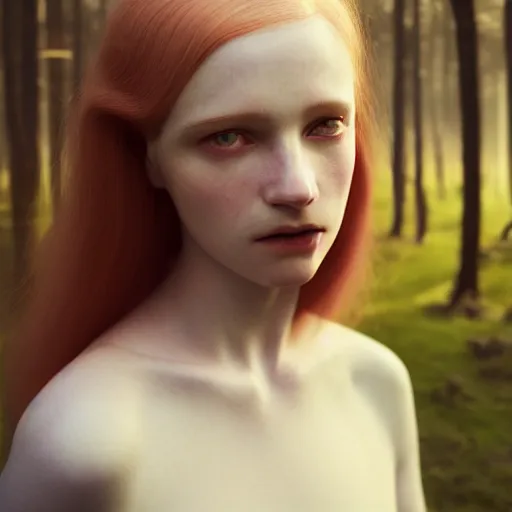 Image similar to photographic portrait of a stunningly beautiful english emo renaissance female in soft dreamy light at sunset, summer forest, soft focus, contemporary fashion shoot, in a denis villeneuve and tim burton movie, by edward robert hughes, annie leibovitz and steve mccurry, david lazar, jimmy nelsson, extremely detailed, breathtaking, hyperrealistic, perfect face, octane render