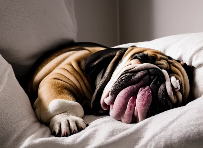 Prompt: a closeup, 4 5 mm, portrait of a sleeping english bulldog in a bed, on a pillow, candle light, 4 5 mm, by franz lanting