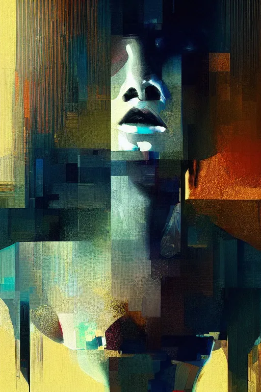 Image similar to a beautiful glitched painting by christian hook of a woman in a bathroom, geometric shapes and pixel sorting, brushstrokes by jeremy mann, still life, dark colors