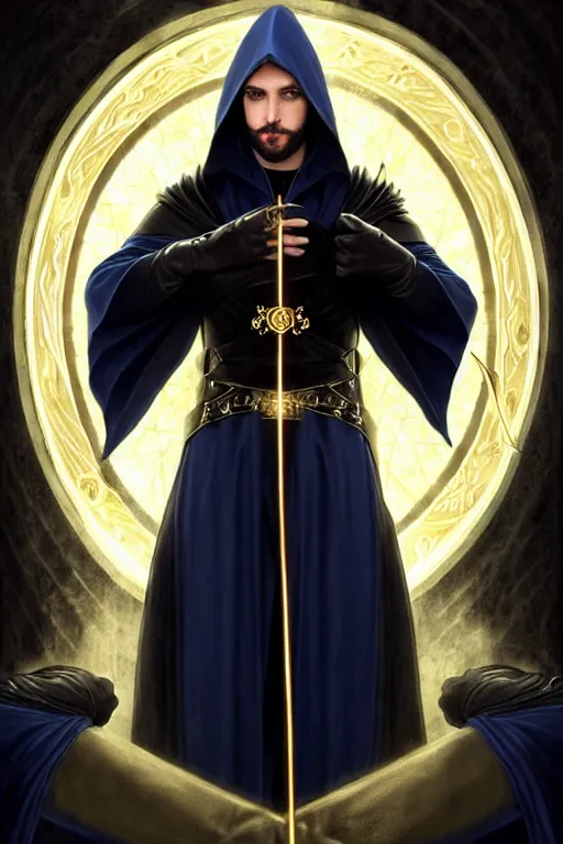 Image similar to handsome mage casting a spell, long black hair blue eyes wearing leather mantle gothic navy cloak with gold details, castle town, fantasy character portrait, ultra realistic, intricate, elegant, cinematic lighting, highly detailed, digital painting, artstation, smooth, sharp, focus, illustration, art by artgerm and greg rutkowski and alphonse mucha