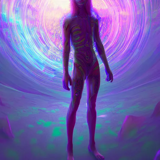 Image similar to a psychedelic being living in an extradimensional reality, in the style of wlop, illustration, epic, fantasy, hyper detailed, smooth, unreal engine, sharp focus, ray tracing, physically based rendering, renderman, beautiful