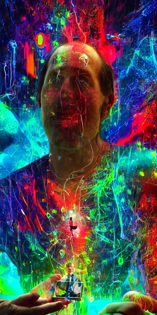 Image similar to man becomes controlled by a smartphone he gazes at while he played like a marionette, puppet, intricate complexity, horror, psychedelic glitch art, rainbow drip paint, trending on art station, photoreal, 8k, octane render