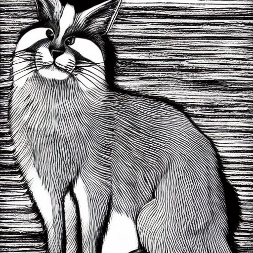 Image similar to black and white illustration, creative design, cute fluffy caracal, by junji ito