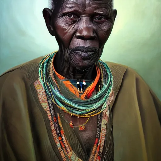 Image similar to a painting of a wise elder from Kenya by Kehinde Wiley . dramatic angle, ethereal lights, details, smooth, sharp focus, illustration, realistic, cinematic, artstation, award winning, rgb , unreal engine, octane render, cinematic light, macro, depth of field, blur, red light and clouds from the back, highly detailed epic cinematic concept art CG render made in Maya, Blender and Photoshop, octane render, excellent composition, dynamic dramatic cinematic lighting, aesthetic, very inspirational, arthouse.