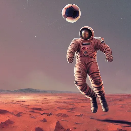 Image similar to digital art, trending on artstation, a soviet astronaut playing soccer on mars, mars landscape, cinematic, relaxing