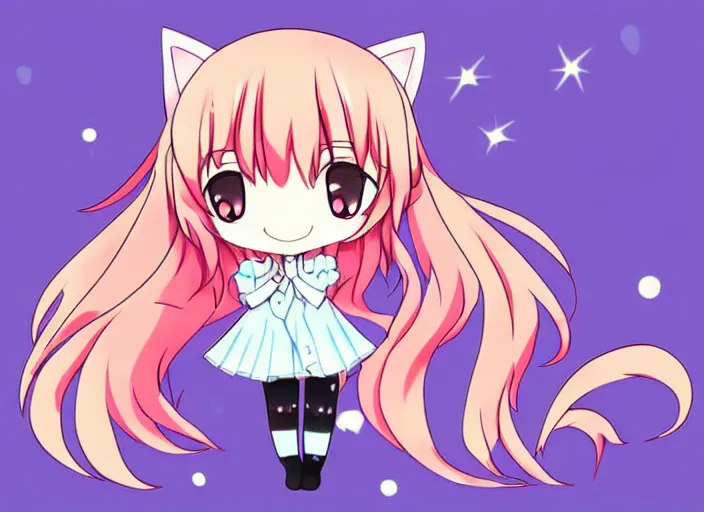 Prompt: well drawn cute anime chibi depiction of a magical cat girl