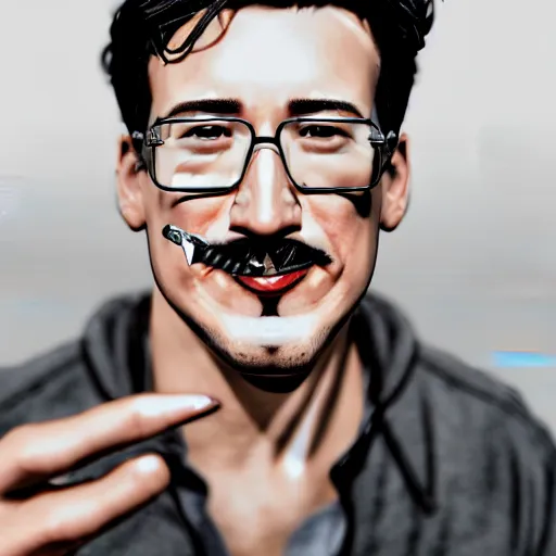 Image similar to a closeup photo of handsome gigachad markiplier smoking a cigar, 8k photorealism, extremly detailed, trending on artstation