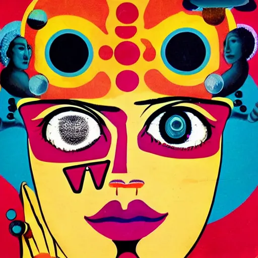 Image similar to dadaism futurism surreal dystopic girl with 7 eyes