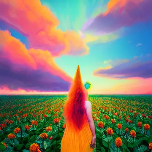 Image similar to giant dahlia flower as head, full body girl standing in a flower field, surreal photography, sunrise, dramatic light, impressionist painting, colorful clouds, digital painting, artstation, simon stalenhag