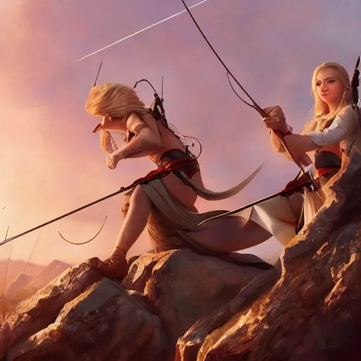 Image similar to Jennifer Lawrence and Elle Fanning as archers by Stanley Artgerm Lau, WLOP, Rossdraws, Frank Frazetta, Andrei Riabovitchev, Marc Simonetti, trending on artstation.