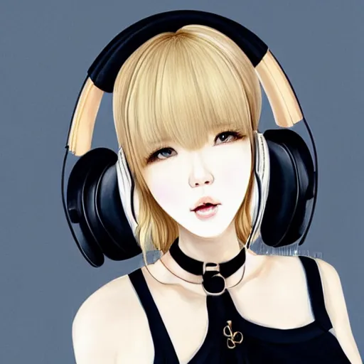 Image similar to realistic beautiful gorgeous natural cute Blackpink Lalisa Manoban blonde hair cute fur blonde cat ears, wearing camisole, wearing headphones, wearing black leather choker artwork drawn full HD 4K highest quality in artstyle by professional artists WLOP, Taejune Kim, Guweiz on Artstation Pixiv