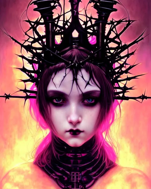 Image similar to portrait of beautiful cute goth maiden girl with crown of thorns in warhammer demonic mechanical armor, high details, neon colors, art by ( ( ( kuvshinov ilya ) ) ) and wayne barlowe and gustav klimt and artgerm and wlop and william - adolphe bouguereau