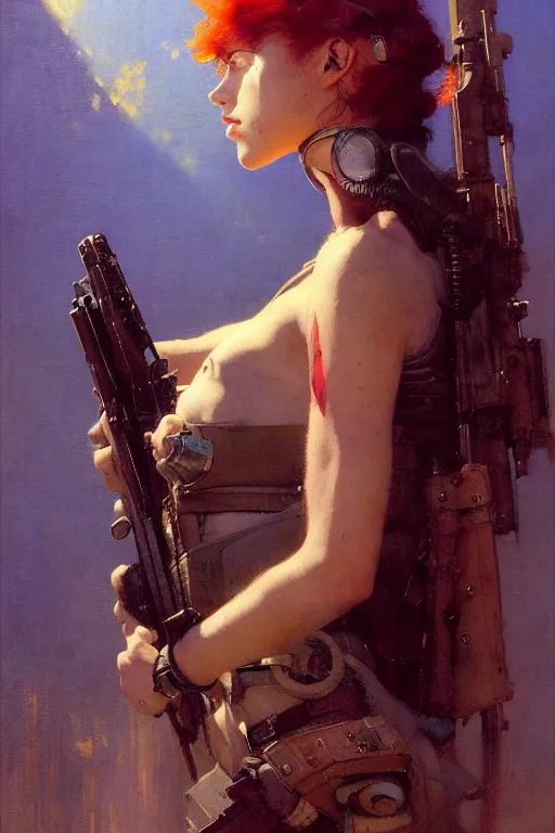 Image similar to portrait max mad cyberpunk, girl with a rifle character design, painting by gaston bussiere, katsuya terada, nc wyeth, greg rutkowski, craig mullins, vermeer, frank frazetta, tom of finland, trending on artstation, jeffery catherine jones