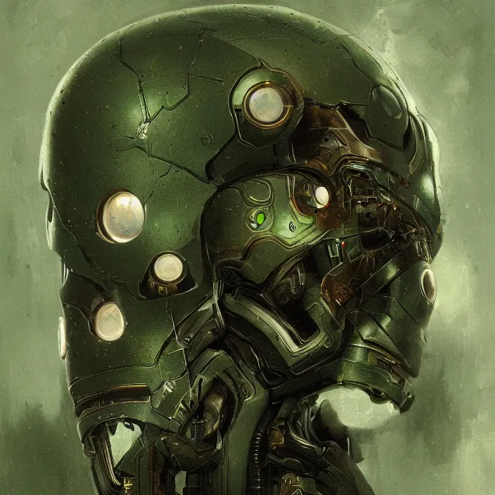 Image similar to portrait of a green Ultron from Age of Ultron, clockwork steampunk, head and chest only, by Beksinski, 4k, deviantart, trending on artstation