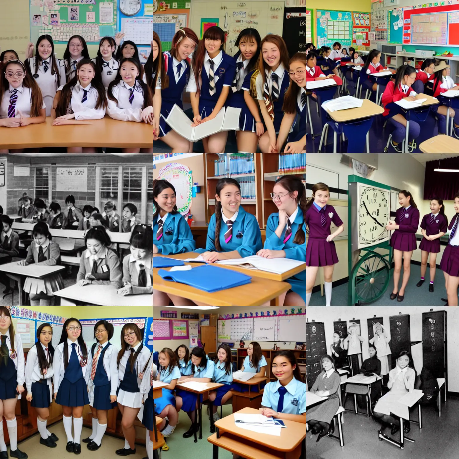 Prompt: High school girls, wearing school uniform, build a time machine in their classroom