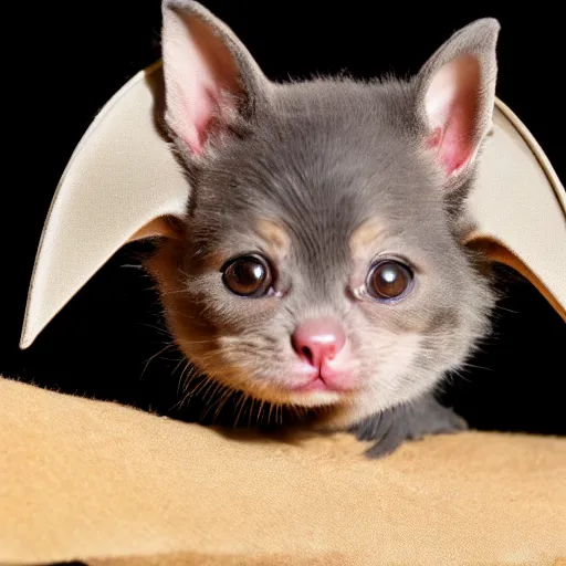 Image similar to a bat kitten wears a hut, photo taken by a nikon, 4k, very detailed, high quality