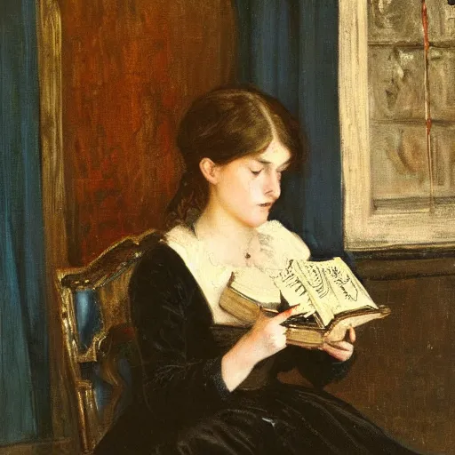 Image similar to scared young victorian lady reading a horror book, painted by alfred stevens