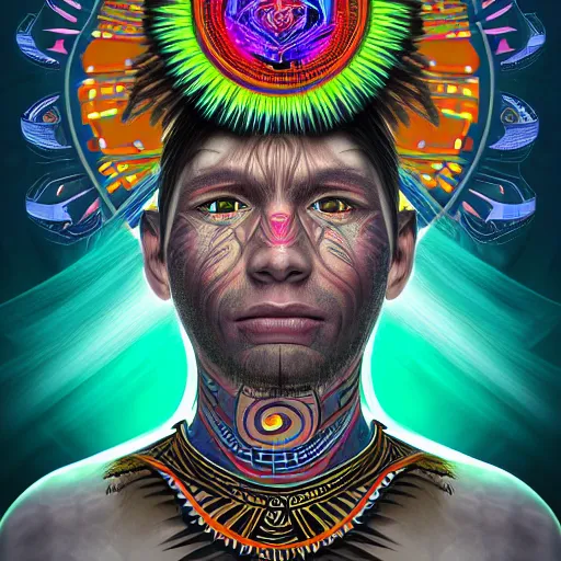 Image similar to portrait of a future metaverse tech Ayahuasca shaman warrior, 2D cartoon, visionary art, symmetric, Magick symbols, holy halo, shipibo patterns, sci-fi, concept art, trending on art station, 8k digital art