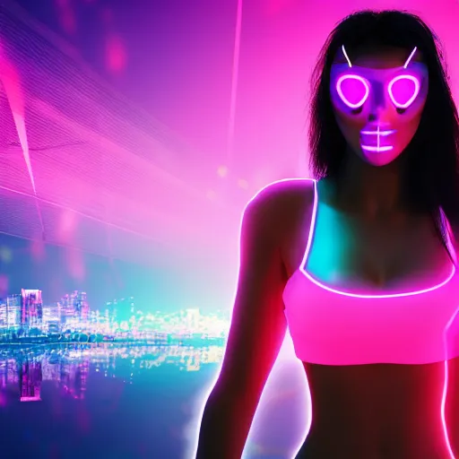 Image similar to girl with neon mask in a retrowave cityscape, 4 k, fhd, - w 9 6 0