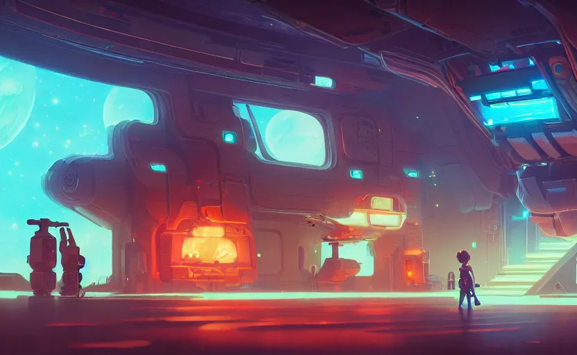 Prompt: a bounty hunter bar in a space opera studio ghibli animated film, global illumination, beautiful composition, volumetric lighting, octane render by artgerm, loish, alena aenami, highly detailed