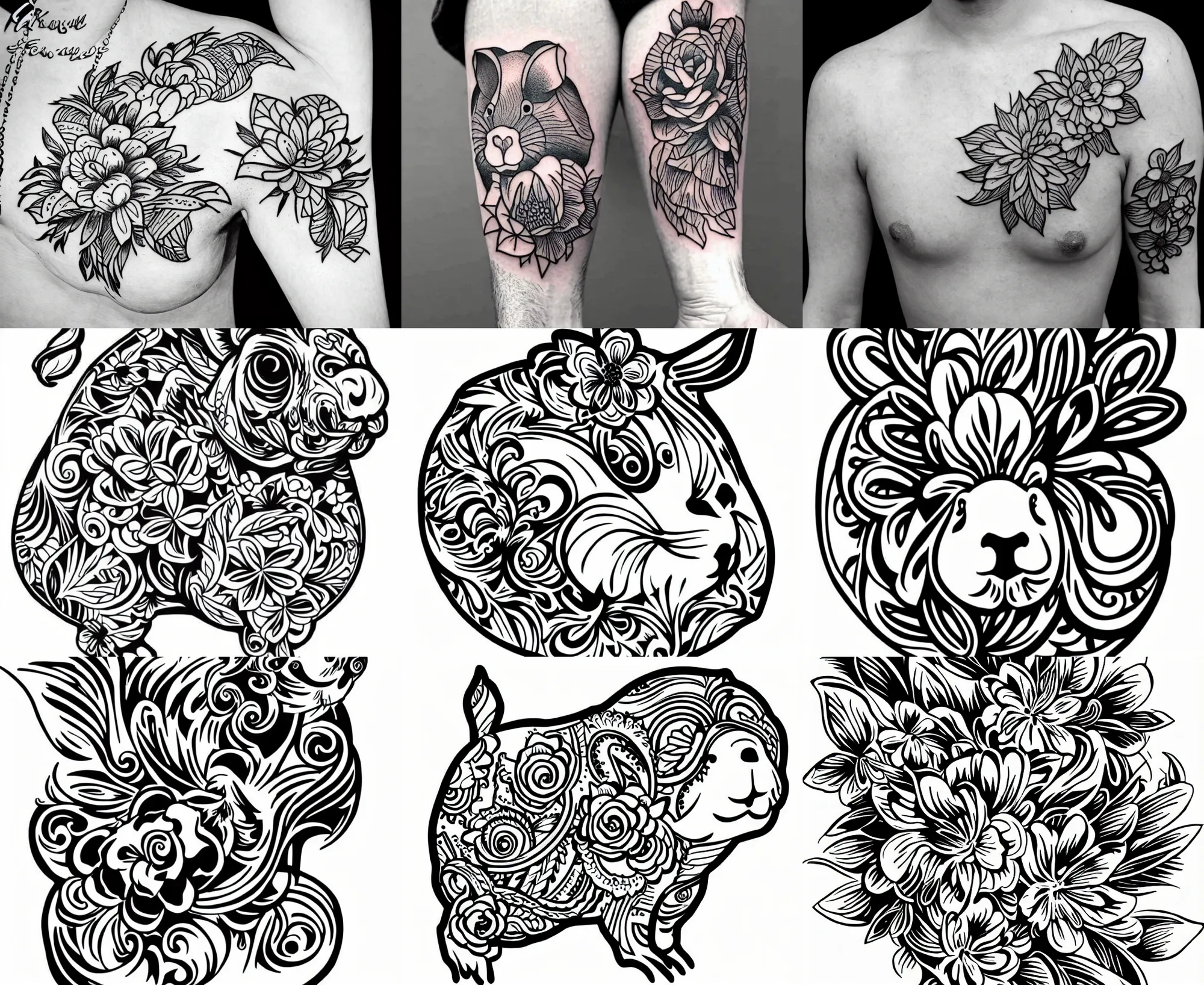 Image similar to detailed tattoo stencil bold lines, floral guinea pig