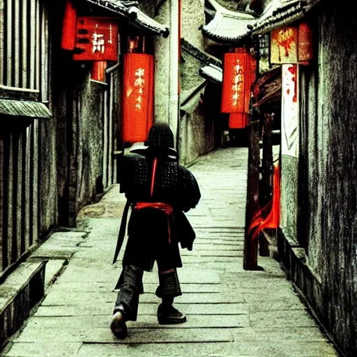 Prompt: feudal samurai, ronin, impressionist style, wandering, city, old china, walking in street, frank miller style,