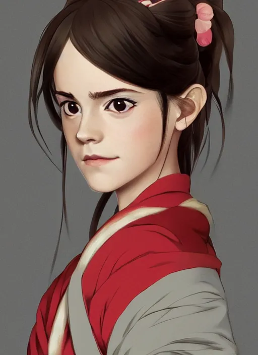 Image similar to emma watson as nezuko Kamado from demon slayer anime ねずこ nezuko from demon slayer anime ねずこ nezuko from demon slayer anime ねずこ wearing kimono wrapped mouth by artgem by greg rutkowski trending on artstation